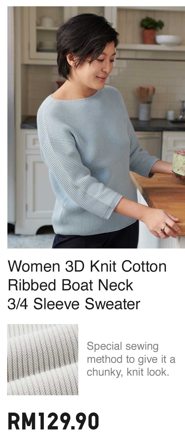 WOMEN 3D KNIT COTTON RIBBED BOAT NECK SWEATER