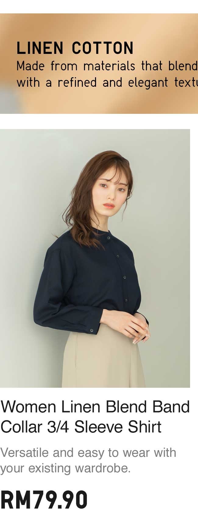 WOMEN LINEN BLEND BAND COLLAR 3/4 SLEEVE SHIRT