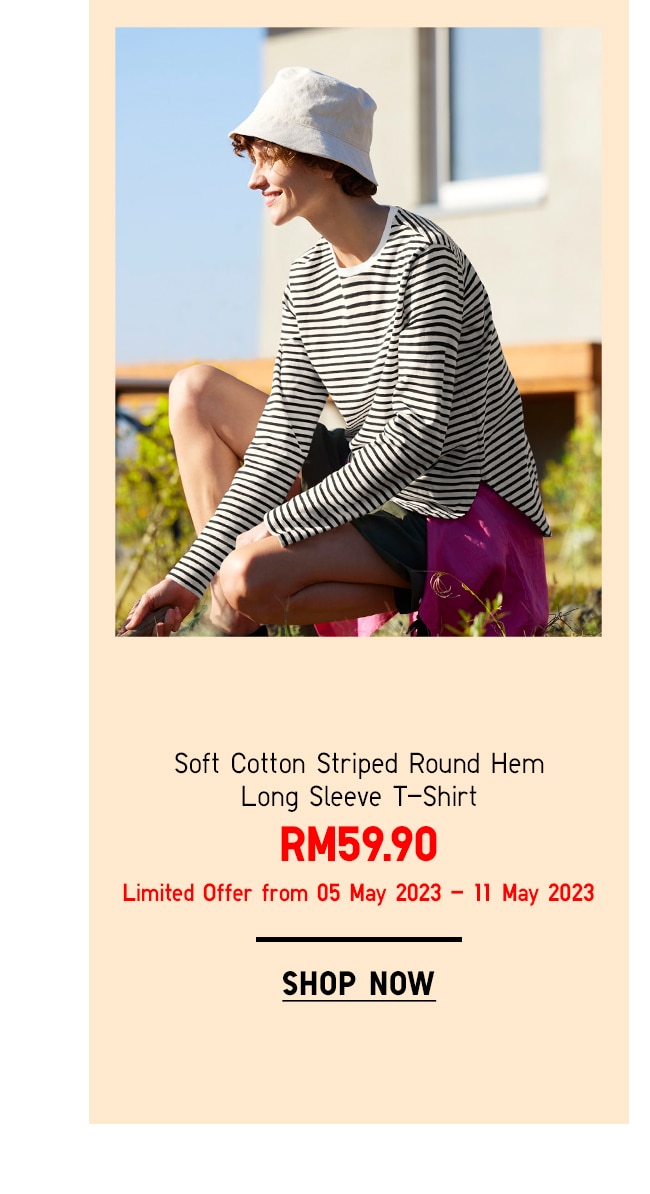 Soft Cotton Striped Round Hem Long Sleeve T-Shirt