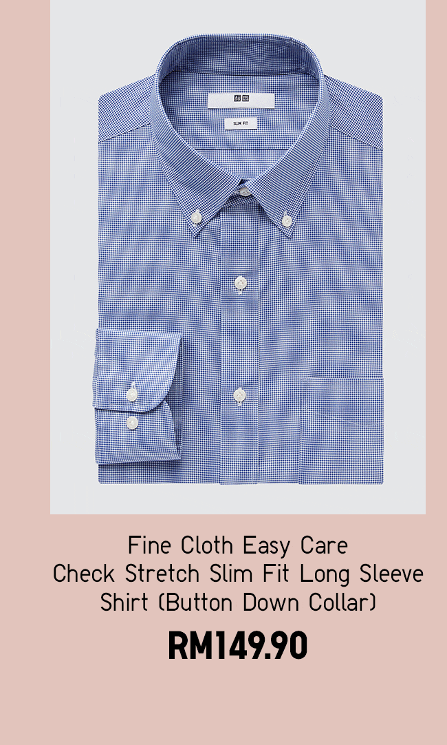 Fine Cloth Easy Care Check Stretch Slim Fit Long Sleeve Shirt (Button Down Collar)