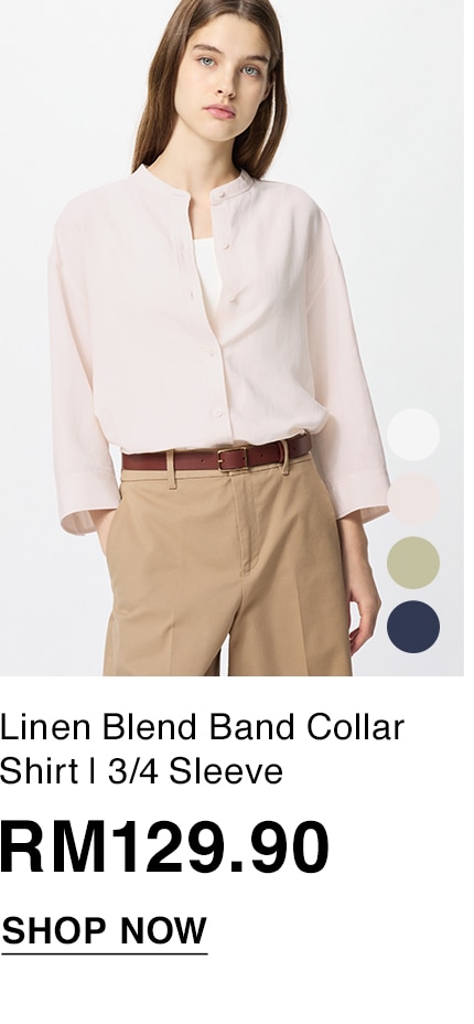 Linen Blend Band Collar Shirt | 3/4 Sleeve