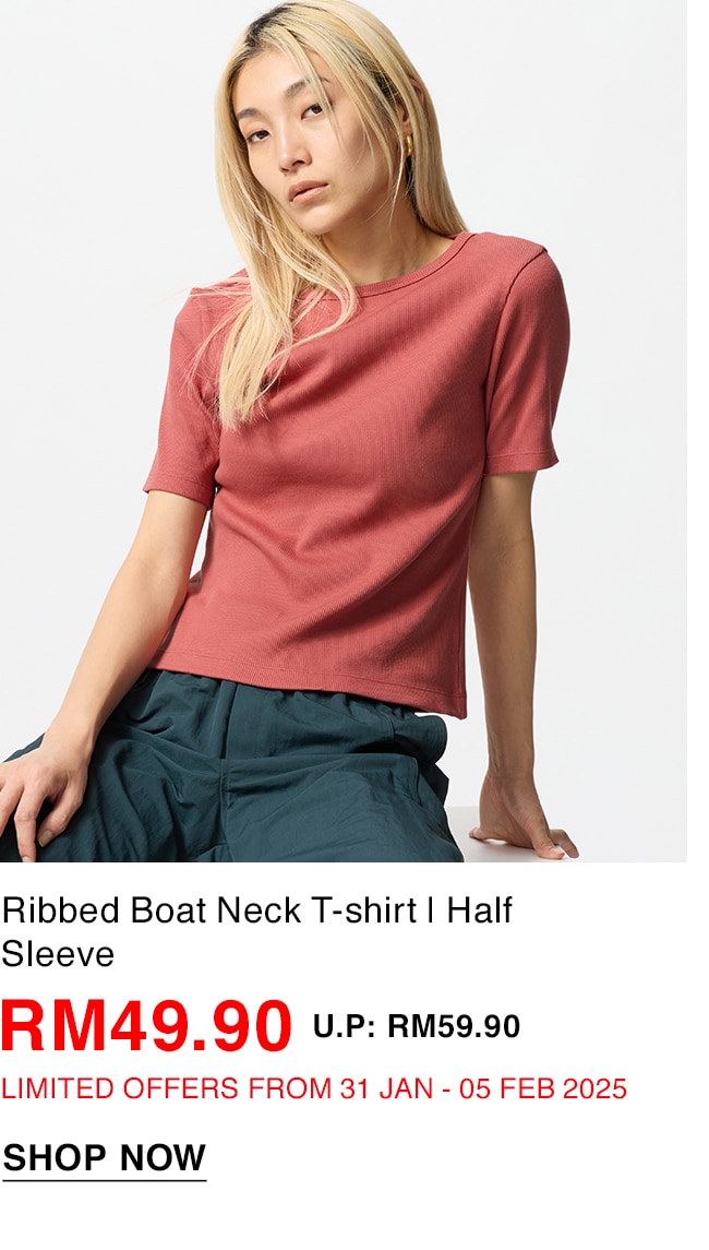 Ribbed Boat Neck T-shirt | Half Sleeve