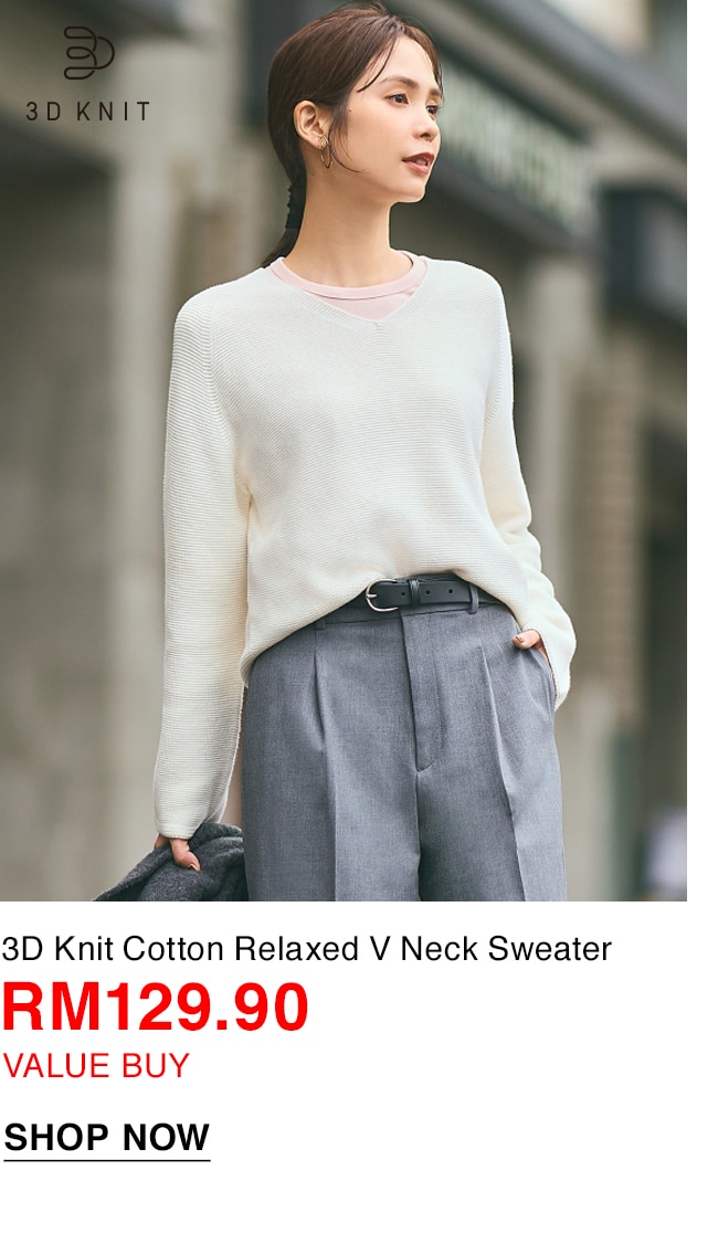 3D Knit Cotton Relaxed V Neck Sweater