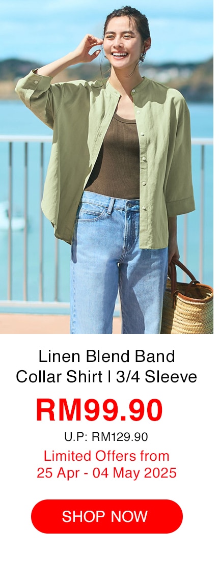 Linen Blend Band Collar Shirt | 3/4 Sleeve