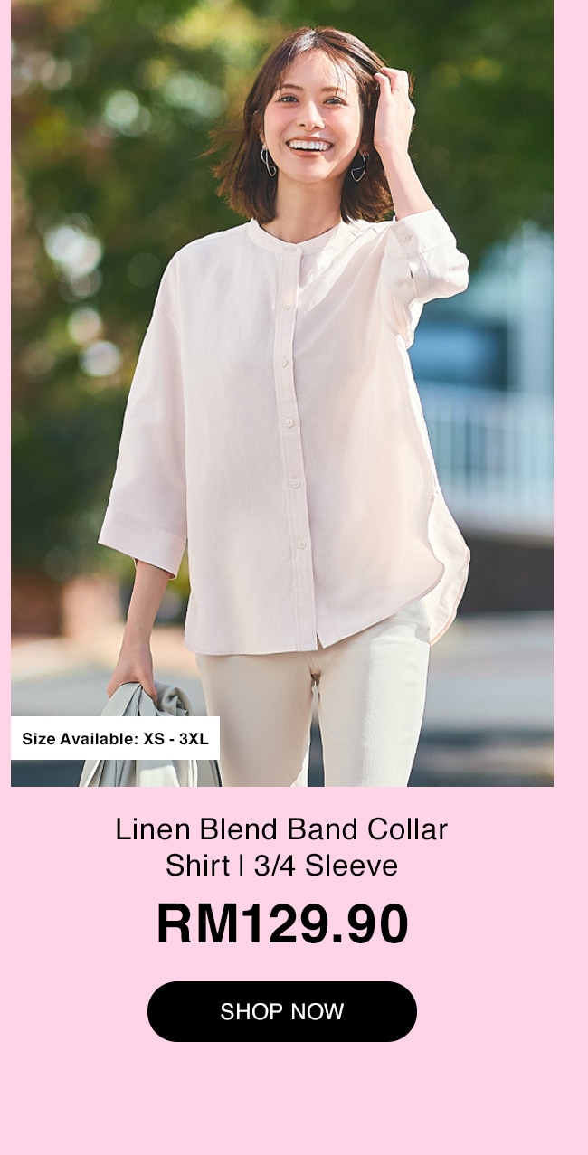 Linen Blend Band Collar Shirt | 3/4 Sleeve