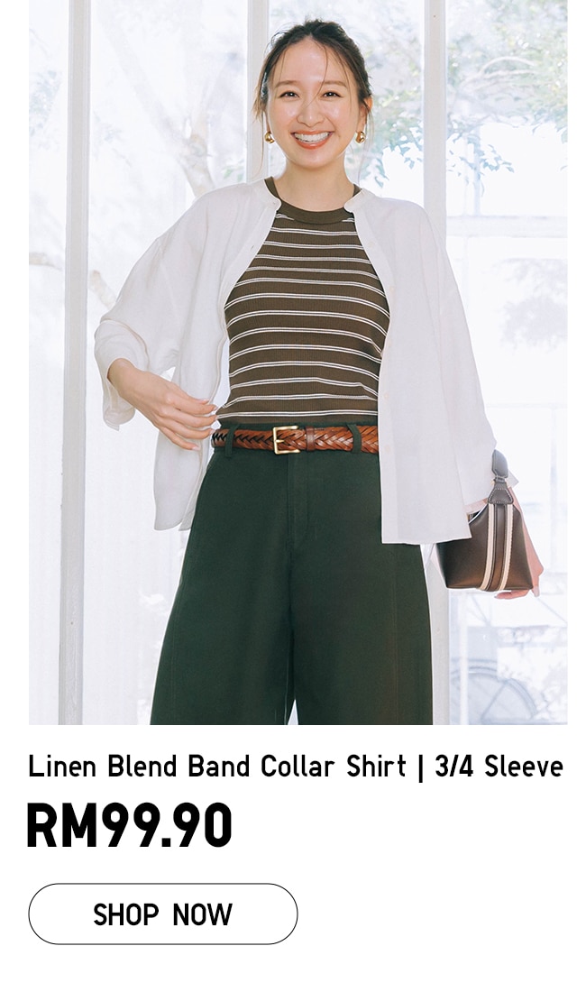 Linen Blend Band Collar Shirt | 3/4 Sleeve