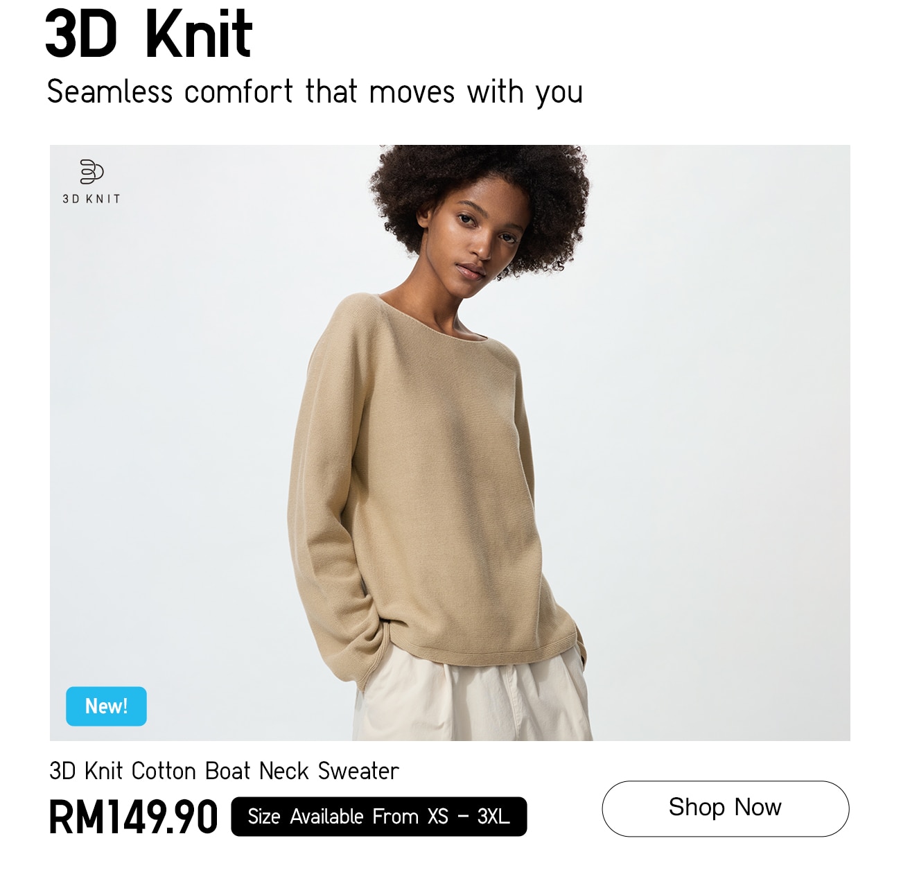 3D Knit Cotton Boat Neck Sweater 