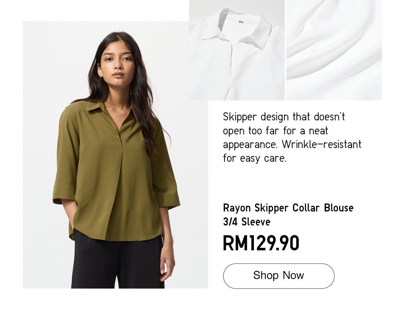 Rayon Skipper Collar Blouse 3/4 Sleeve