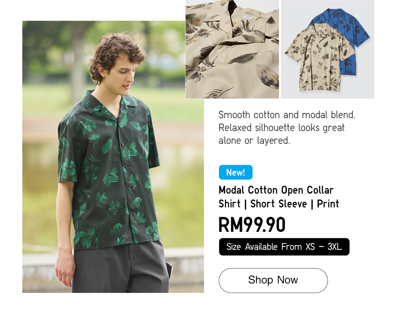 Modal Cotton Open Collar Shirt | Short Sleeve | Print