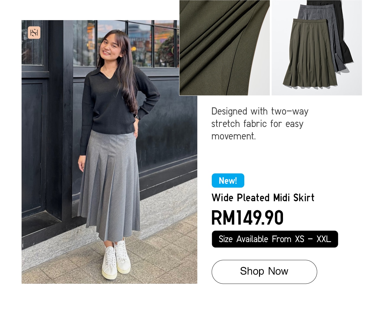 Wide Pleated Midi Skirt