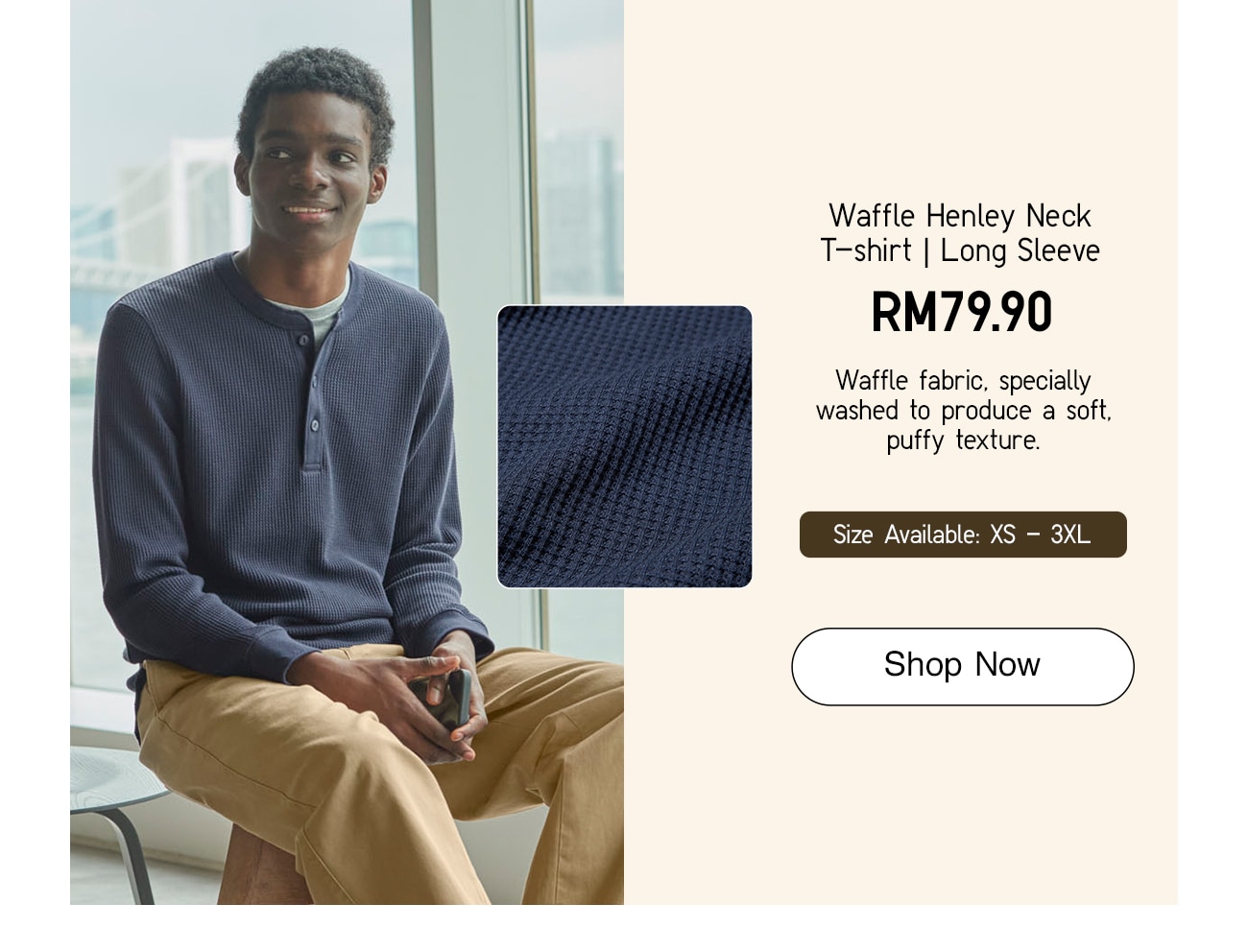 Waffle Henley Neck T-shirt | Long Sleeve