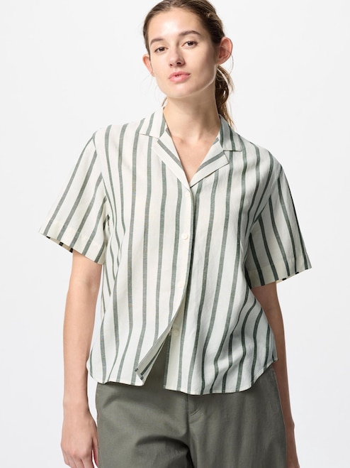 dress shirt women uniqlo WOMEN'S LINEN BLEND OPEN COLLAR SHORT SLEEVE SHIRT