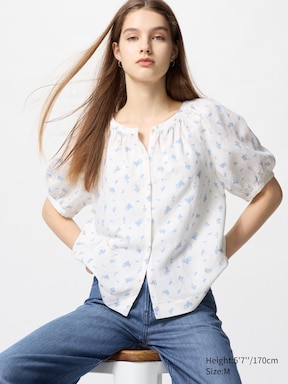 WOMEN'S LINEN BLEND VOLUME SLEEVE BLOUSE UNIQLO PH