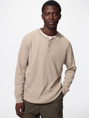 Waffle Henley Neck Long Sleeve T-Shirt