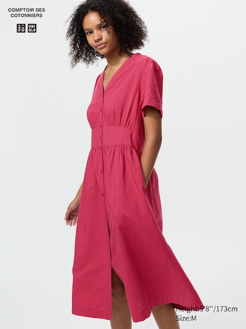 WOMEN'S LINEN BLEND V NECK SHORT SLEEVE DRESS | UNIQLO PH WOMEN'S LINEN BLEND V NECK SHORT SLEEVE DRESS | UNIQLO PH