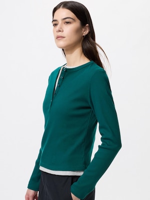 Ribbed Henley Neck T-Shirt | Long Sleeve