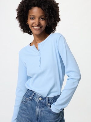 Ribbed Henley Neck T-Shirt | Long Sleeve