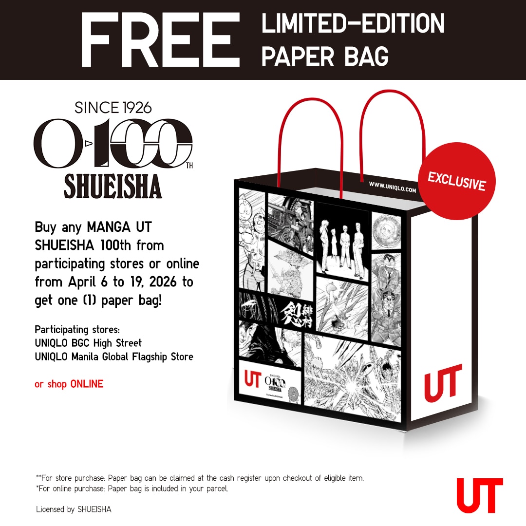 For any purchase of the MANGA UT SHUEISHA 100th from April 6-19, 2026 at participating physical stores, customers will get one free limited-edition MANGA UT SHUEISHA 100th paper bag.