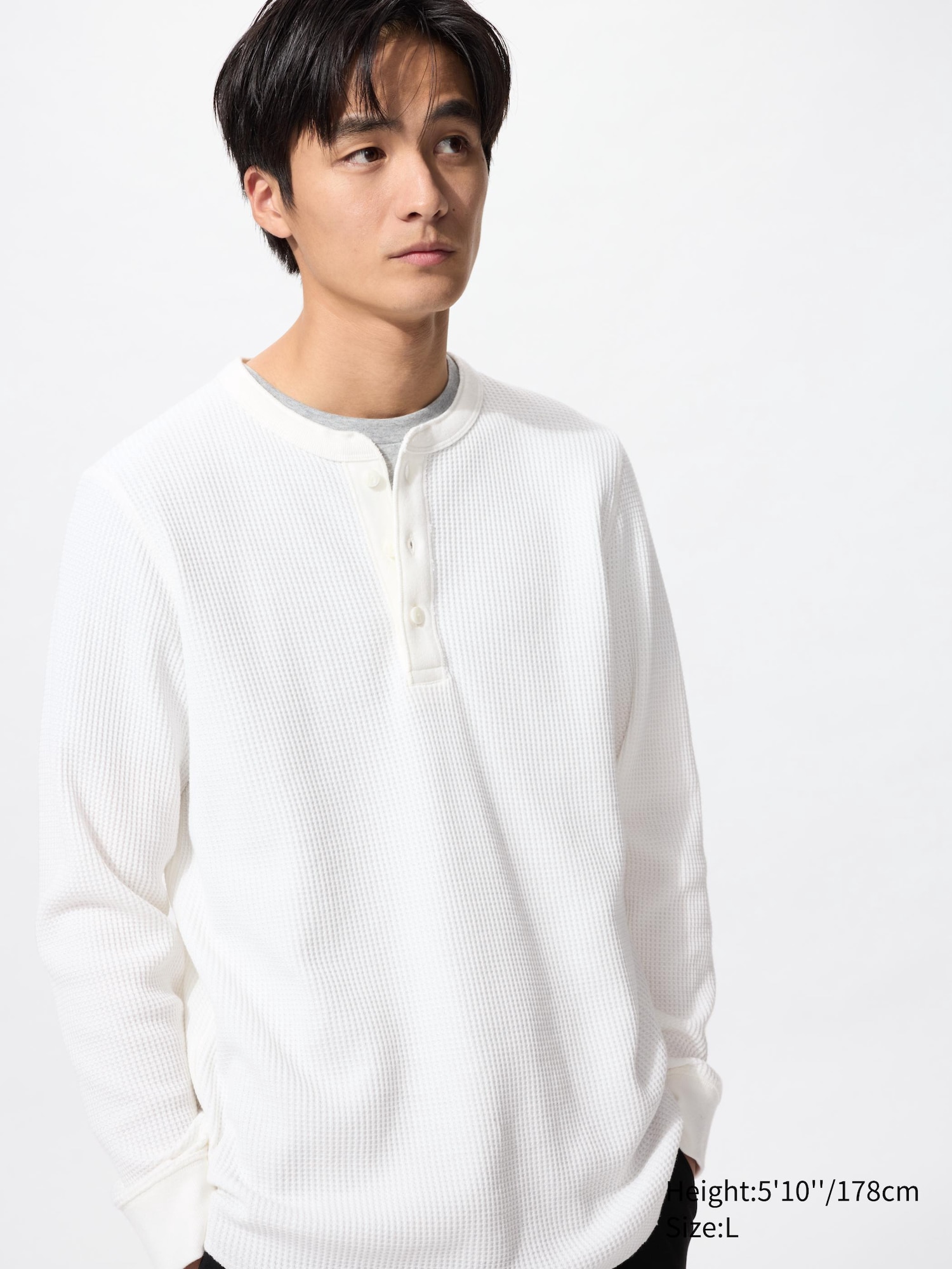 WAFFLE HENLEY NECK LONG SLEEVE T-SHIRT | UNIQLO SG