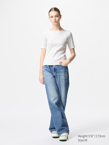 Ribbed Boat Neck T-shirt | Half Sleeve