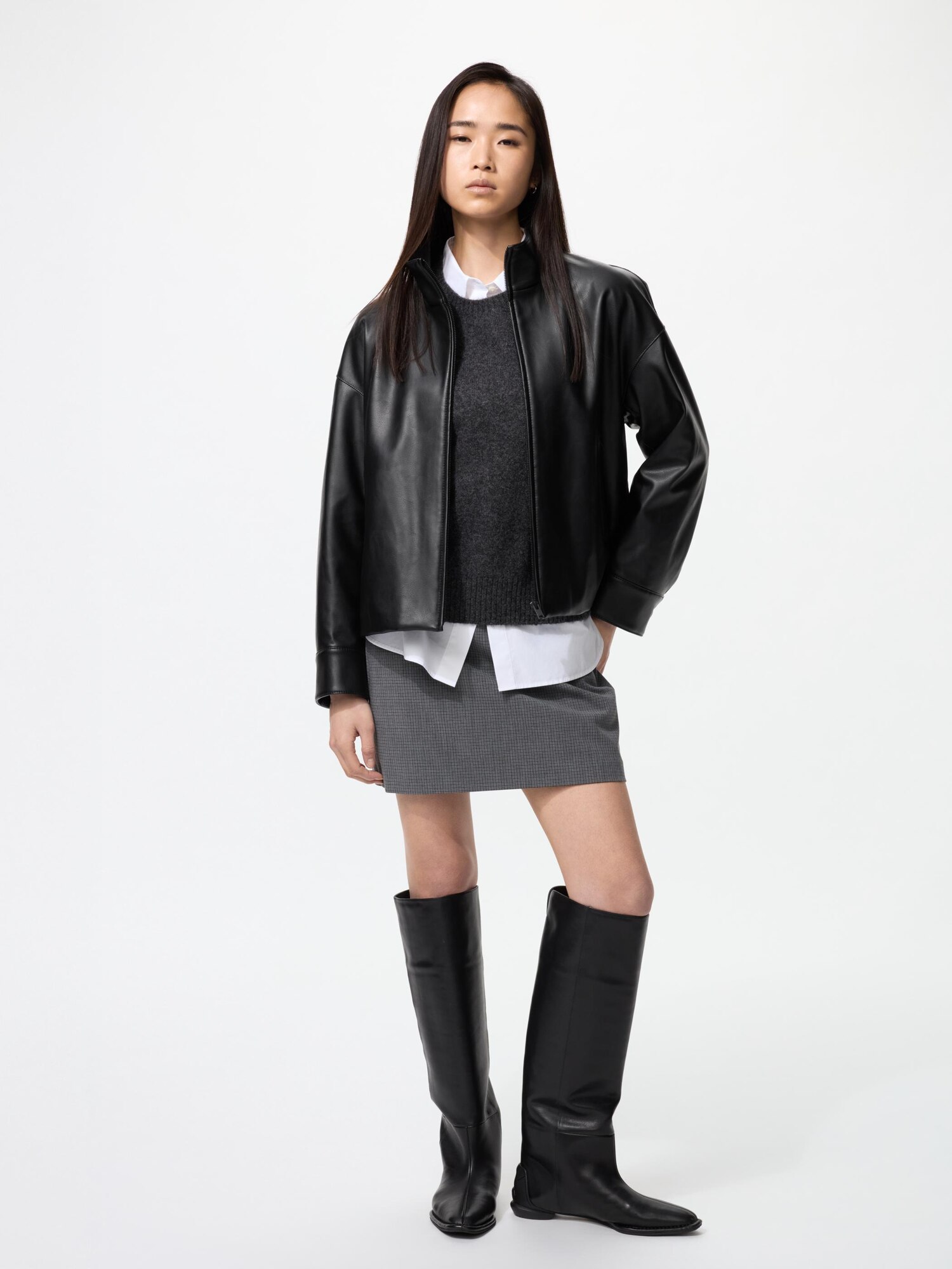 【YOOU】　Over leather blouson【Black】 WOMEN'S COATED OVERSIZED BLOUSON | UNIQLO SG