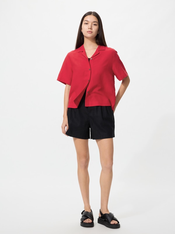 Linen Blend Open Collar Shirt (Short Sleeve)
