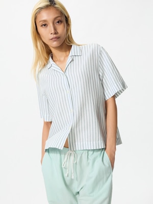 Linen Blend Open Collar Shirt Short Sleeve Striped