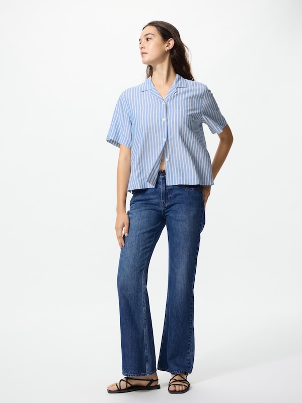 Linen Blend Open Collar Shirt Short Sleeve Striped