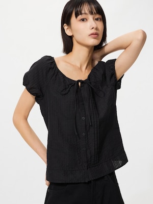 Linen Blend Scoop Neck Blouse Short Sleeve