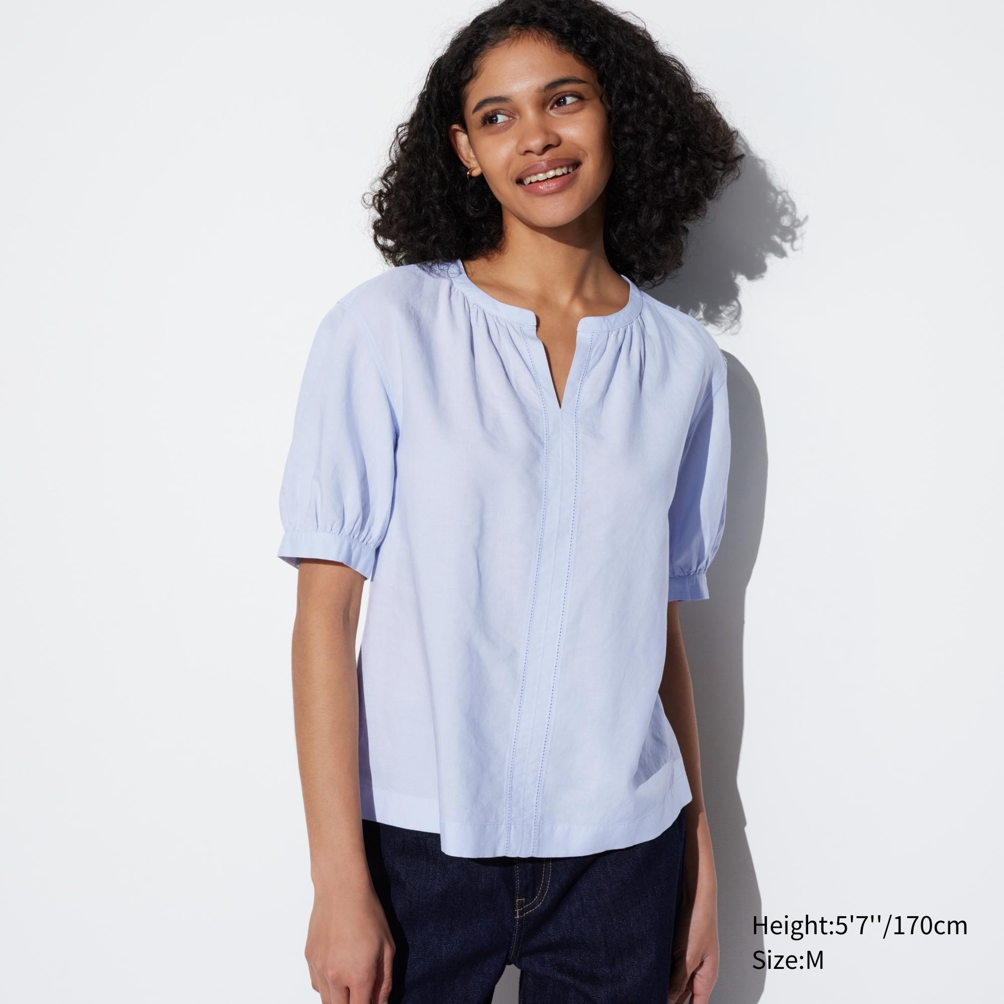 Check styling ideas for「Linen Blend Volume Short Sleeve Blouse、Crinkle ...