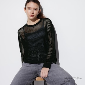 WOMEN'S MESH CREW NECK LONG SLEEVE SWEATER