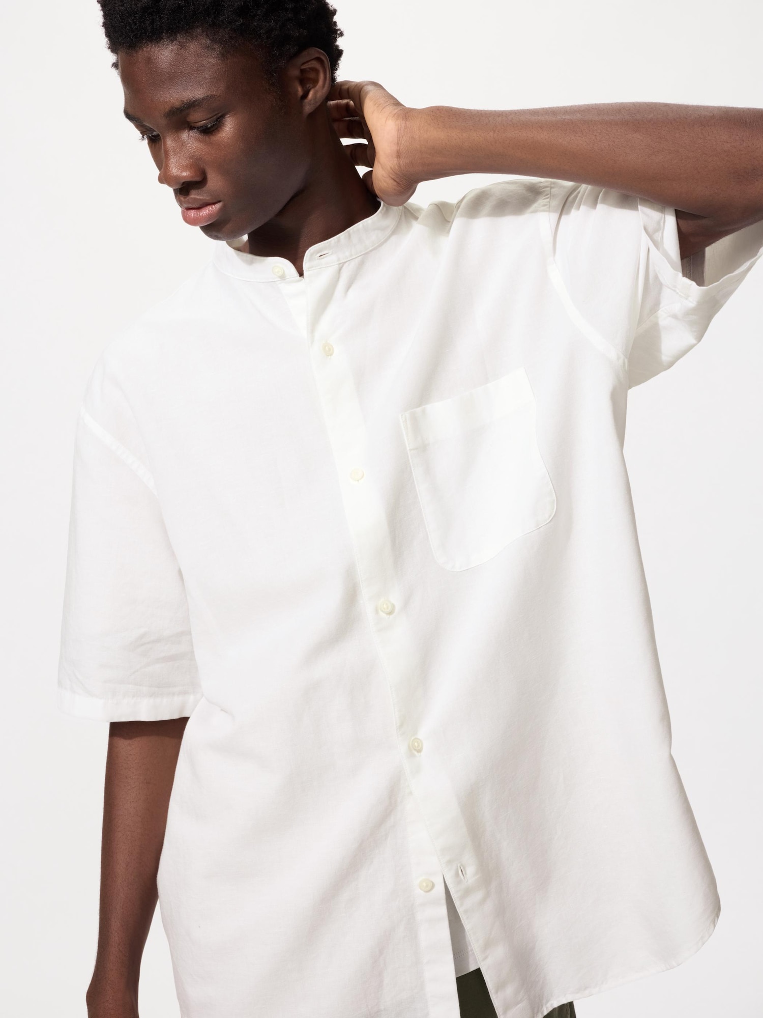 Cotton Linen Stand Collar Shirt | Short Sleeve