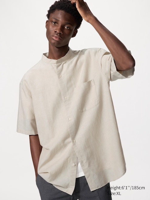 Linen Short Sleeve Button Up Shirts Cotton Linen Stand Collar Shirt Short Sleeve, Striped