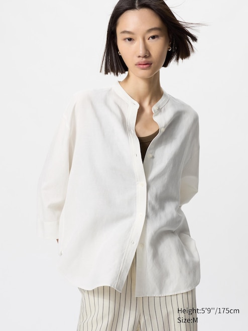 WOMEN'S LINEN BLEND BAND COLLAR SHIRT 3/4 SLEEVE UNIQLO TH