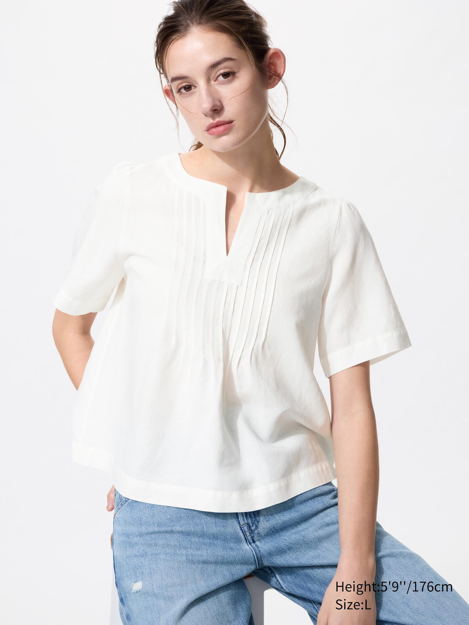 Linen Blend Key Neck Blouse | Short Sleeve