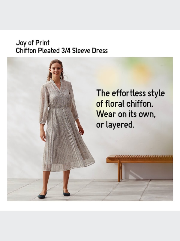 Chiffon Pleated 3/4-Sleeve Dress