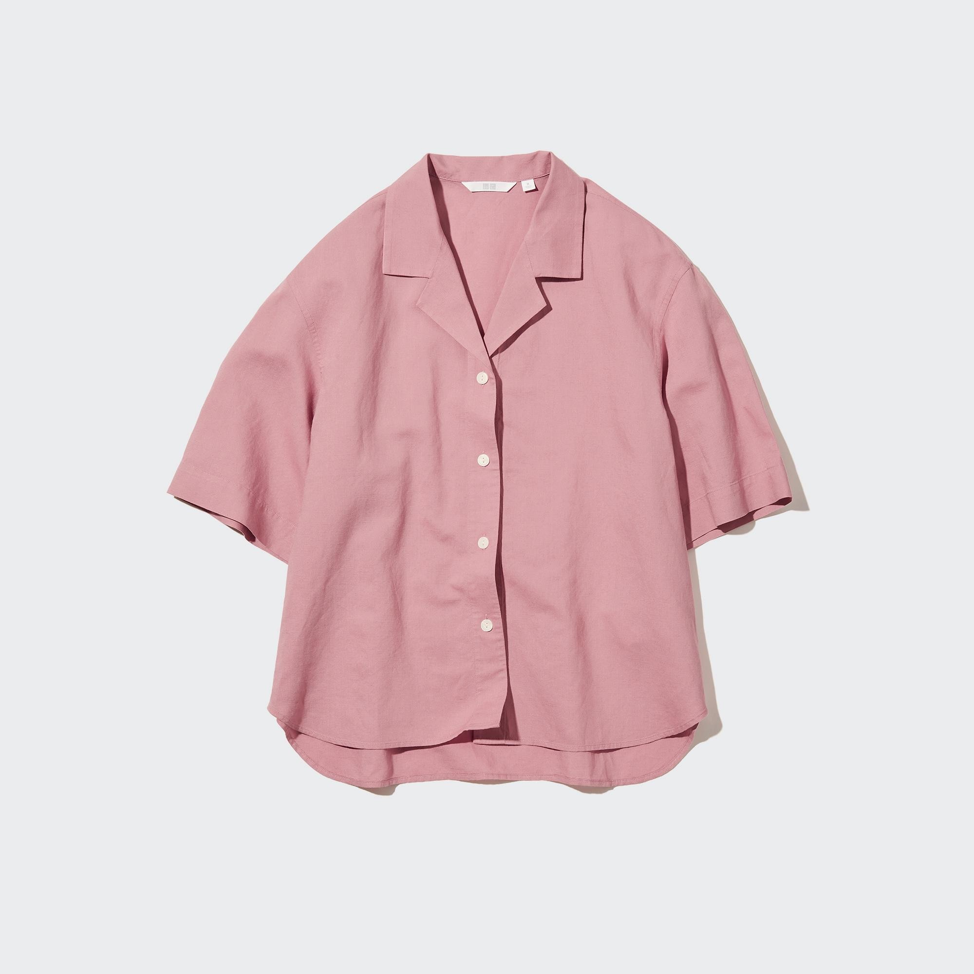 Linen-Blend Open Collar Short-Sleeve Shirt