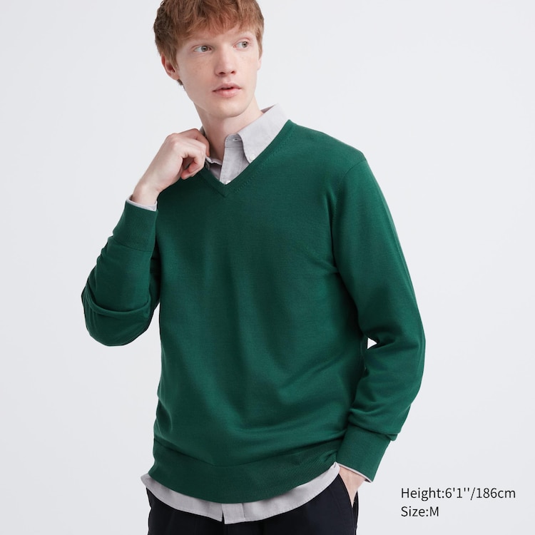 Extra Fine Merino V-Neck Long-Sleeve Sweater | Green | XL | Uniqlo US