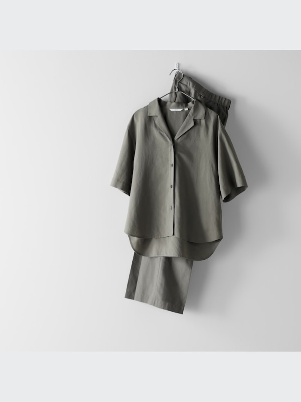 Linen Blend Open Collar Short-Sleeve Shirt
