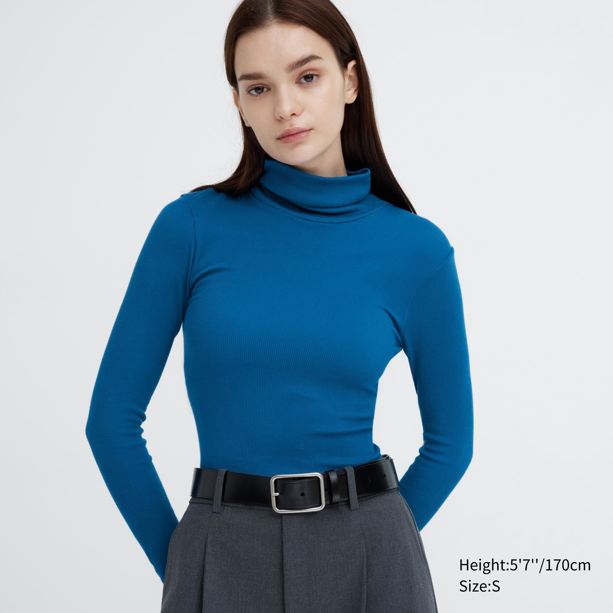 Women's Heattech Extra Warm Seamless Ribbed Turtleneck Long-Sleeve T-Shirt with Moisture-Wicking | Blue | Large | Uniqlo US