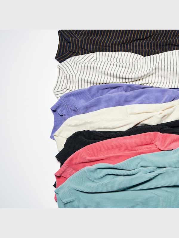 Ribbed Fleece Striped High Neck Long-Sleeve T-Shirt