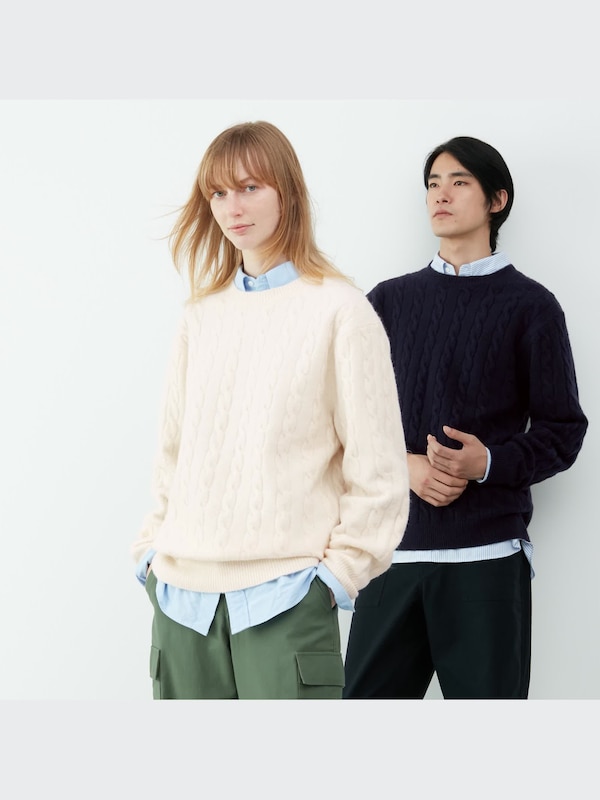 Souffle Yarn Cable Crew Neck Long-Sleeve Sweater