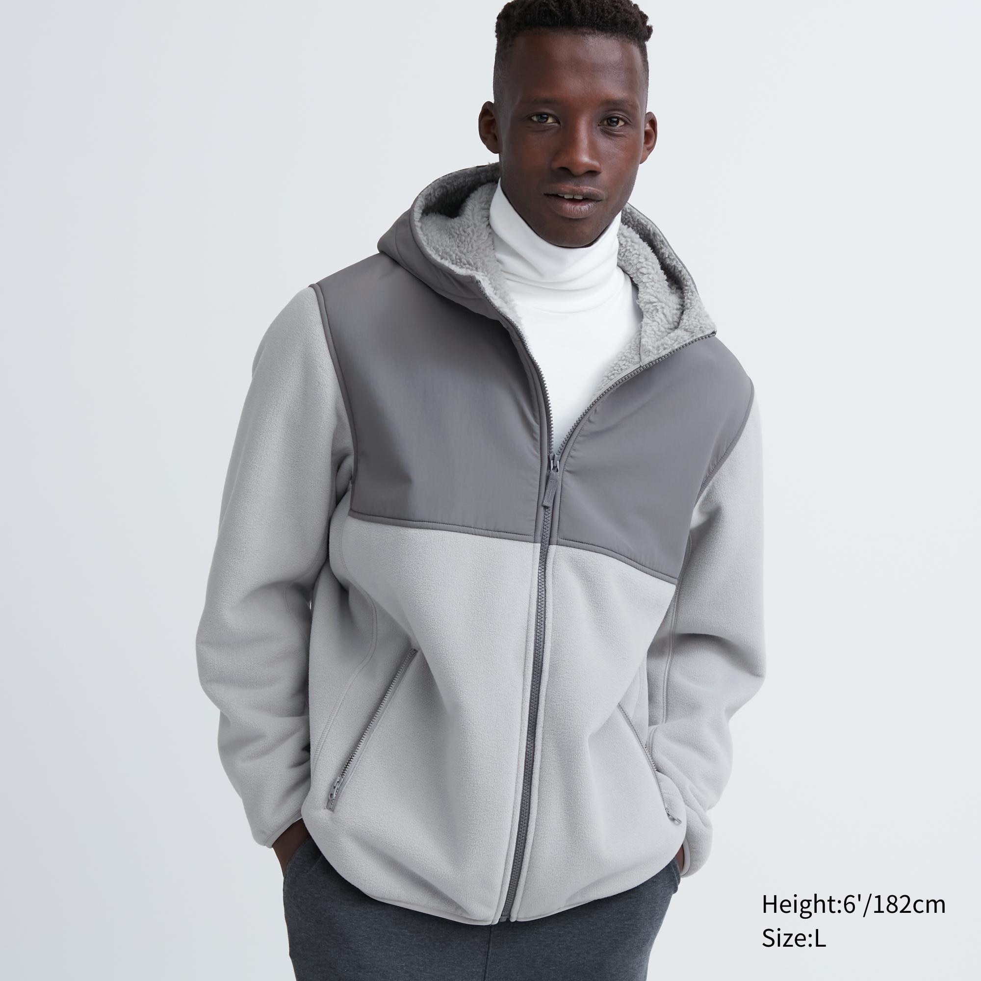 Men's Windproof Outer Fleece Full-Zip Hoodie (Color Block) | Light Gray | 2XS | Uniqlo US