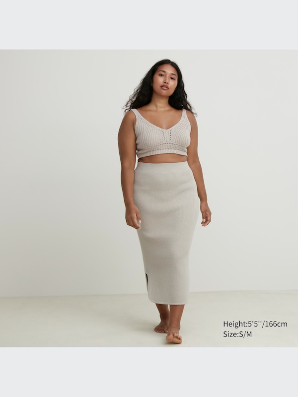 3D Knit Souffle Yarn Ribbed Side Slit Skirt