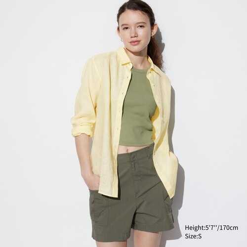 Uniqlo yellow Linen gingham shirt-Uniqlo olive paperbag shorts