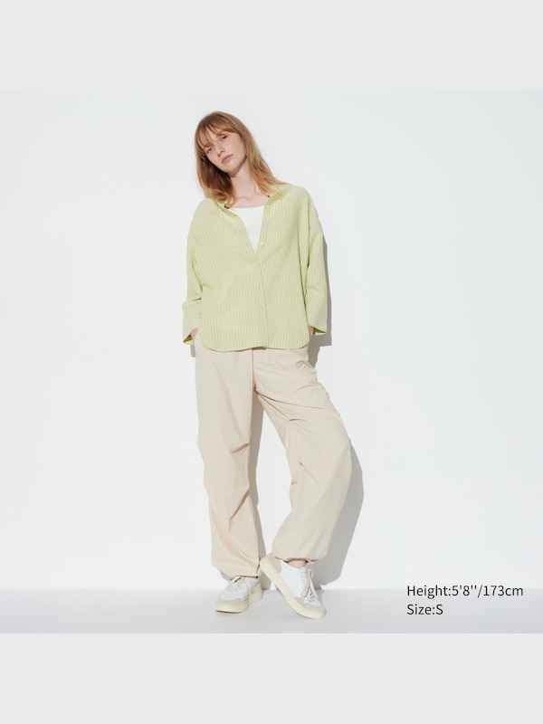 Linen Blend Band Collar Striped 3/4-Sleeve Shirt