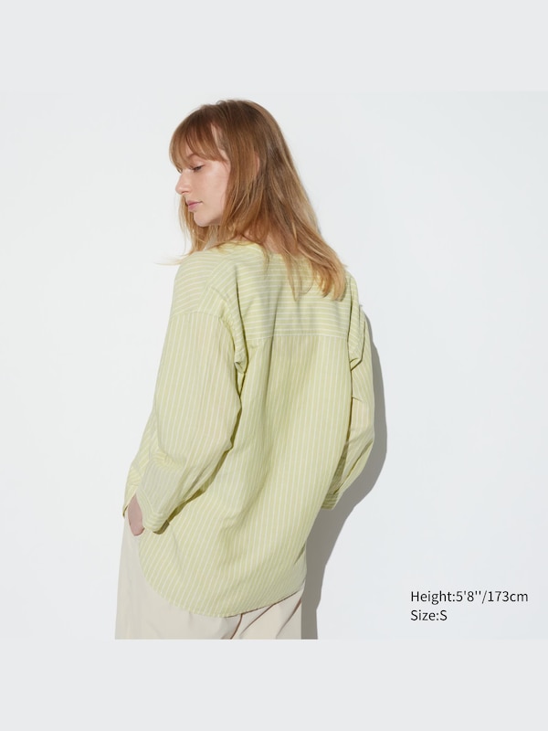 Linen Blend Band Collar Striped 3/4-Sleeve Shirt