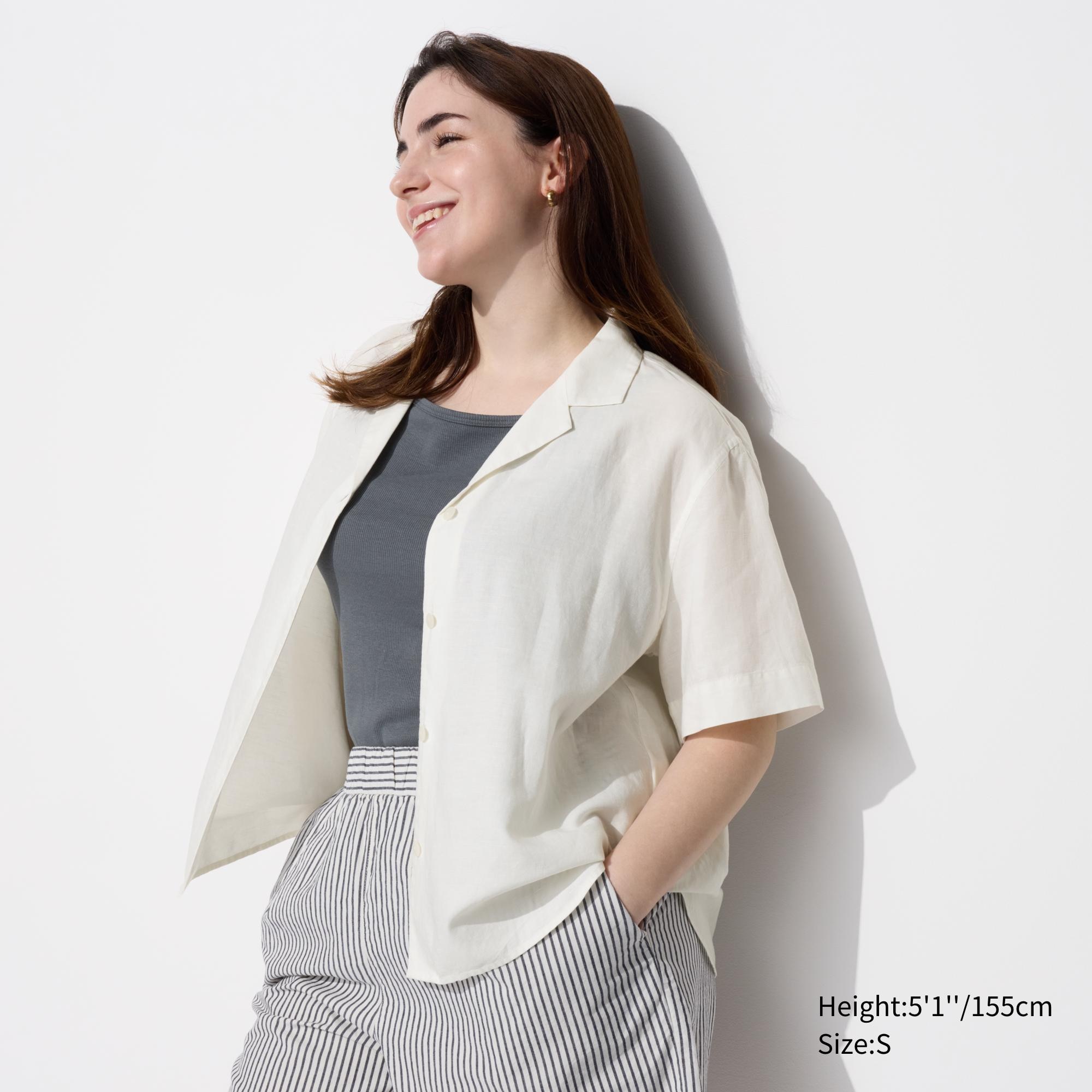 UNIQLO WOMEN'S LINEN Blend Open Collar Short Sleeve Shirt In Vanilla Cream!  S £37.38 - PicClick UK
