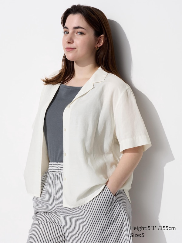 Linen Blend Open Collar Short Sleeve Shirt