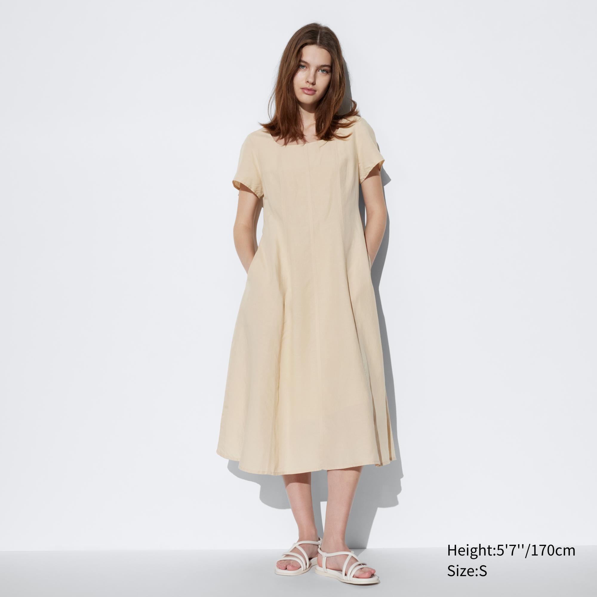 Linen Blend Square Neck Short-Sleeve Dress